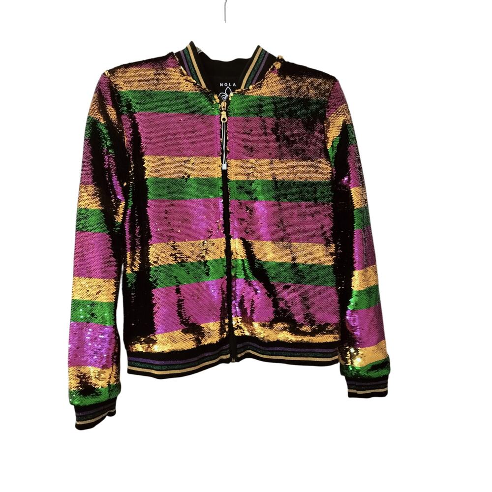 5728)Nola Mardi Grass Small Stripe Purple Gold Green Sequin Zip Bomber Jacket - Picture 2 of 10